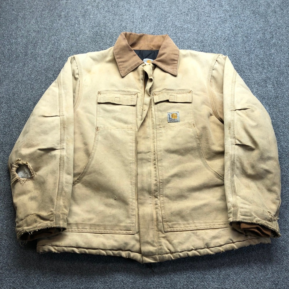 Vintage Carhartt Traditional Work Coat Distressed Canvas Jacket Tan Brown